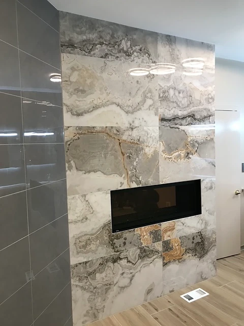 Bathroom renovation — stone wall feature